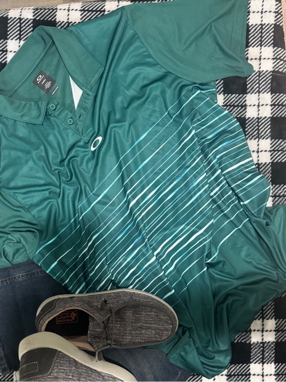 Oakley Teal Striped Performance Polo